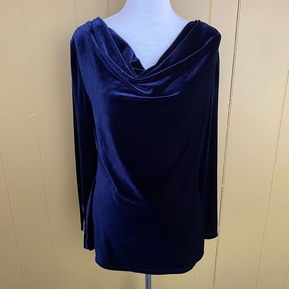 Cache women L drape front Longsleeve navy blue velour blouse - Picture 1 of 9